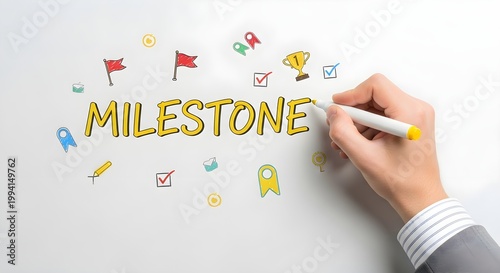 A hand holding a marker writing the word MILESTONE with colorful icons of flags trophies and checkmarks on a white background representing progress and achievement