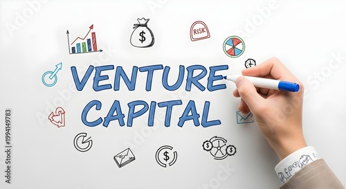 Business hand drawing venture capital with various financial and growth icons on a whiteboard for investment concepts
