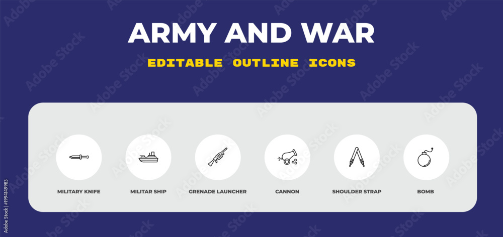 Naklejka premium outline army and war icons set - military knife, militar ship, grenade launcher. editable vector for web and mobile ui