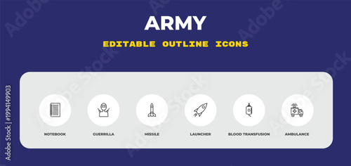 outline army icons set - notebook, guerrilla, missile. editable vector for web and mobile ui