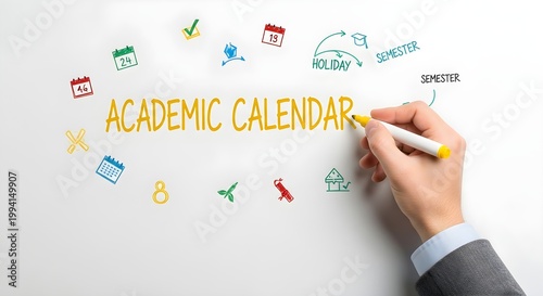 Hand writing academic calendar with icons representing dates holidays and graduation cap on a white background emphasizing education planning