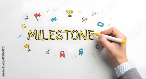 A hand holding a yellow marker pen writes the word MILESTONE surrounded by colorful cartoon icons representing achievement and progress on a white background