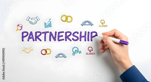Hand writing the word partnership surrounded by hand drawn icons symbolizing collaboration and growth on a white background