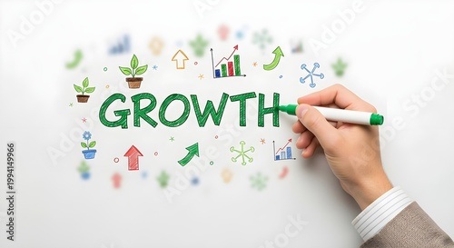 Hand writing the word growth with colorful illustrations of plants and charts symbolizing business development and financial progress