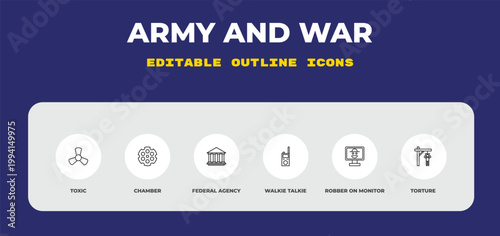 outline army and war icons set - toxic, chamber, federal agency. editable vector for web and mobile ui