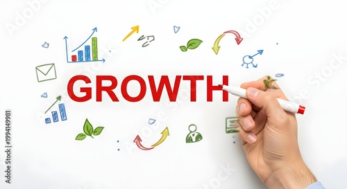 Hand holding marker writing the word GROWTH surrounded by colorful business concept icons on a white background representing progress and development