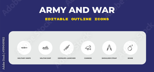 outline army and war icons set - military knife, militar ship, grenade launcher. editable vector for web and mobile ui