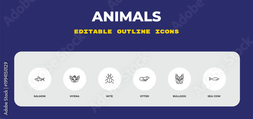 outline animals icons set - salmon, hyena, mite. editable vector for web and mobile ui