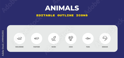 outline animals icons set - wolverine, panther, hawk. editable vector for web and mobile ui