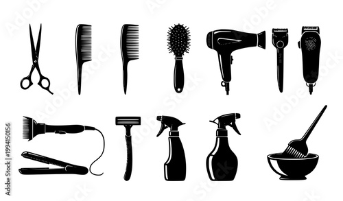 Hairdressing tools silhouette vector set with barber scissors comb clipper and dryer isolated on white background