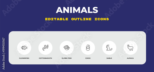 outline animals icons set - clownfish, cottonmouth, globe fish. editable vector for web and mobile ui