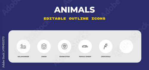 outline animals icons set - salamander, swan, orangutan. editable vector for web and mobile ui