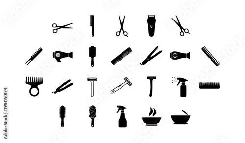 Barber and hairdressing tools icon set with comb scissors clipper and dryer isolated on white background