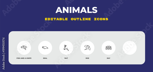 outline animals icons set - fish and a knife, seal, rat. editable vector for web and mobile ui