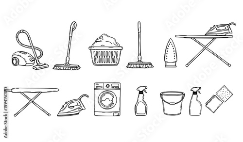Household cleaning tools outline vector set with vacuum mop washing machine and laundry items isolated on white background