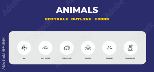 outline animals icons set - aw, ant eater, porcupine. editable vector for web and mobile ui