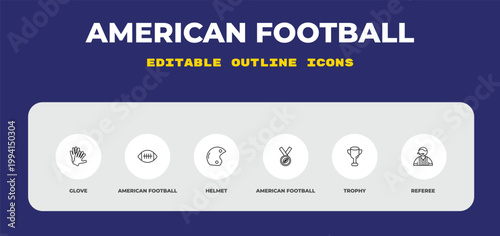 outline american football icons set - glove, american football ball, helmet. editable vector for web and mobile ui