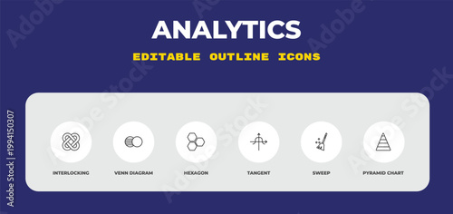 outline analytics icons set - interlocking, venn diagram, hexagon. editable vector for web and mobile ui