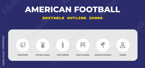 outline american football icons set - megaphone, football medal, yard marking. editable vector for web and mobile ui
