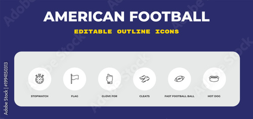 outline american football icons set - stopwatch, flag, glove for. editable vector for web and mobile ui