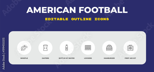 outline american football icons set - whistle, gaiters, bottle of water. editable vector for web and mobile ui