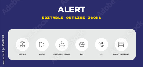 outline alert icons set - life vest, ahead, firefighter helmet. editable vector for web and mobile ui