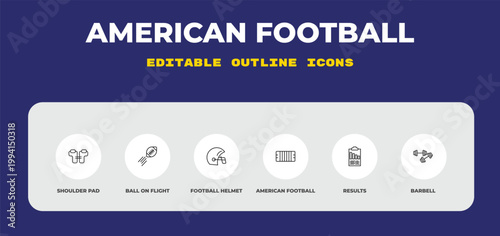 outline american football icons set - shoulder pad, ball on flight, football helmet. editable vector for web and mobile ui