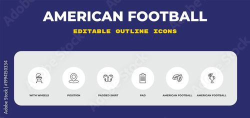 outline american football icons set - with wheels, position, padded shirt. editable vector for web and mobile ui