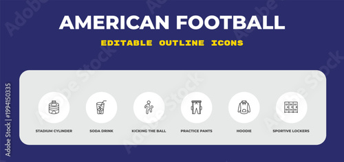 outline american football icons set - stadium cylinder, soda drink, kicking the ball. editable vector for web and mobile ui
