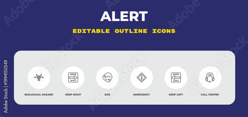 outline alert icons set - biological hazard, keep right, sos. editable vector for web and mobile ui