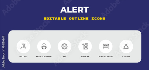 outline alert icons set - bollard, medical support, hel. editable vector for web and mobile ui