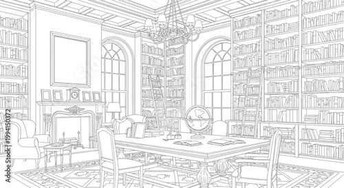 Classic library interior coloring page with bookshelves and fireplace