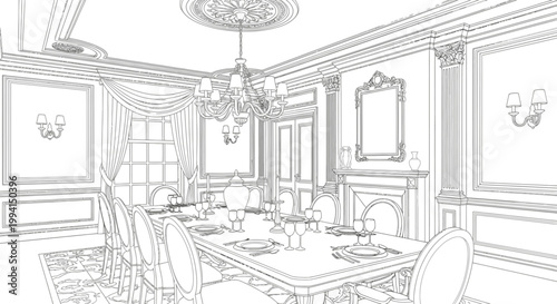 Classic formal dining room interior line art illustration