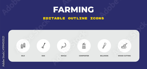 outline farming icons set - silo, rak, sickle. editable vector for web and mobile ui