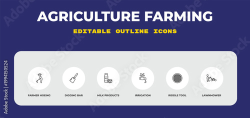 outline agriculture farming icons set - farmer hoeing, digging bar, milk products. editable vector for web and mobile ui