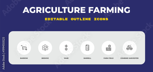 outline agriculture farming icons set - barrow, beehive, vane. editable vector for web and mobile ui