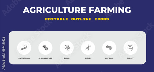 outline agriculture farming icons set - caterpillar, spring flower, sugar. editable vector for web and mobile ui