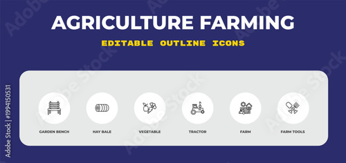 outline agriculture farming icons set - garden bench, hay bale, vegetable. editable vector for web and mobile ui
