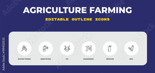 outline agriculture farming icons set - water tower, insecticide, ox. editable vector for web and mobile ui