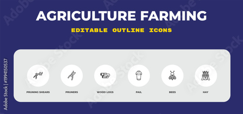 outline agriculture farming icons set - pruning shears, pruners, wood logs. editable vector for web and mobile ui