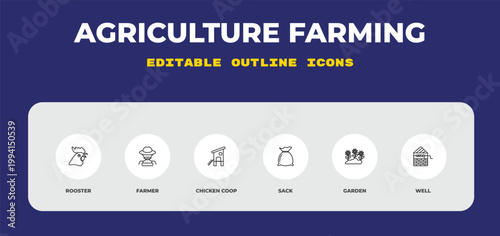 outline agriculture farming icons set - rooster, farmer, chicken coop. editable vector for web and mobile ui
