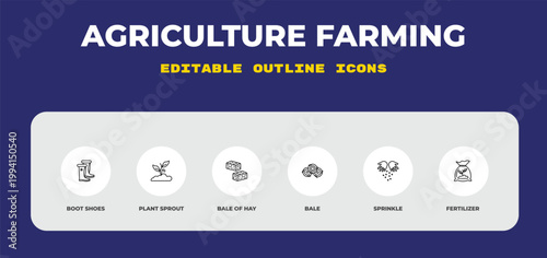 outline agriculture farming icons set - boot shoes, plant sprout, bale of hay. editable vector for web and mobile ui
