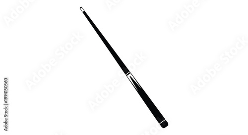 A sleek black pool cue rests diagonally against a white background silhouette