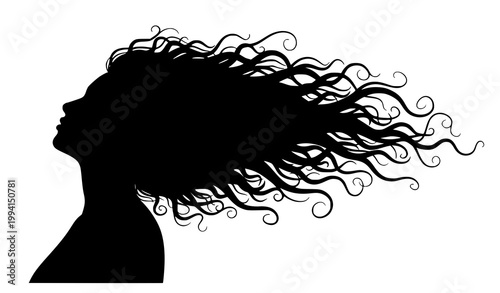Dynamic silhouette profile with curly hair flowing in wind black vector illustration