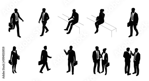 isometric business people silhouettes in various poses for presentations