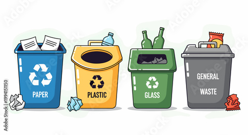Foto Illustration of four colorful recycling bins for paper, plastic, glass, and general waste, promoting waste separation and environmental awareness