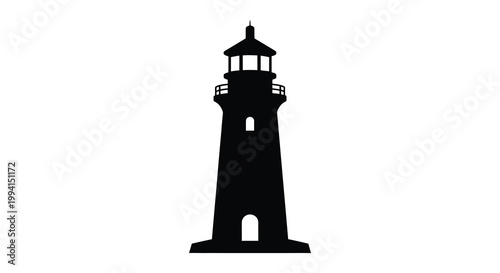 A striking black lighthouse stands tall against a white background silhouette