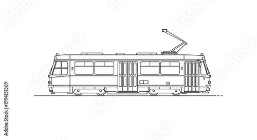 Black and White Line Art Illustration of a Modern City Tram