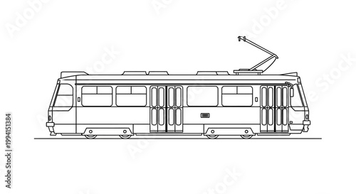 Black and White Line Art Illustration of a Modern City Tram