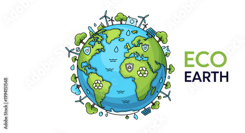 Cuadro en lienzo Illustration of planet Earth with renewable energy sources and symbols of environmental protection, representing eco-friendly living and sustainability